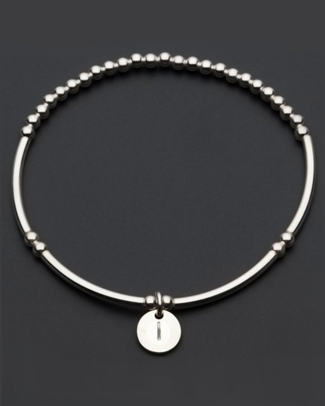 Sterling silver bead stretch bracelet with letter I charm detail by Petals Australia