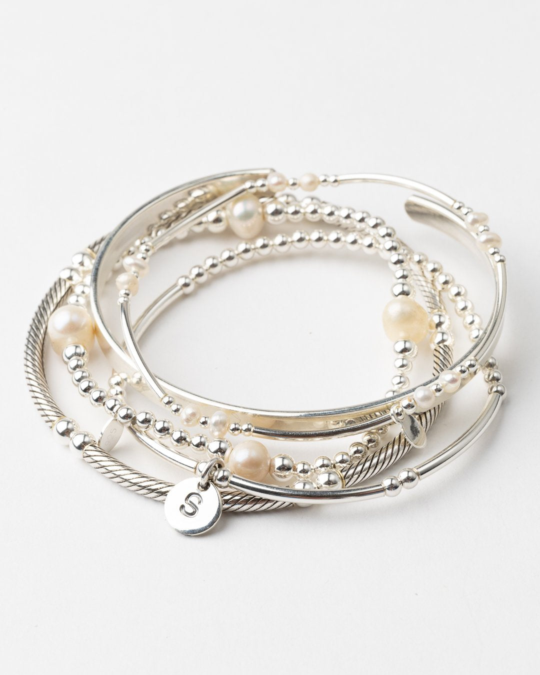 Love Letter Trio Stack sterling silver bracelet set with initial charm by Petals Australia