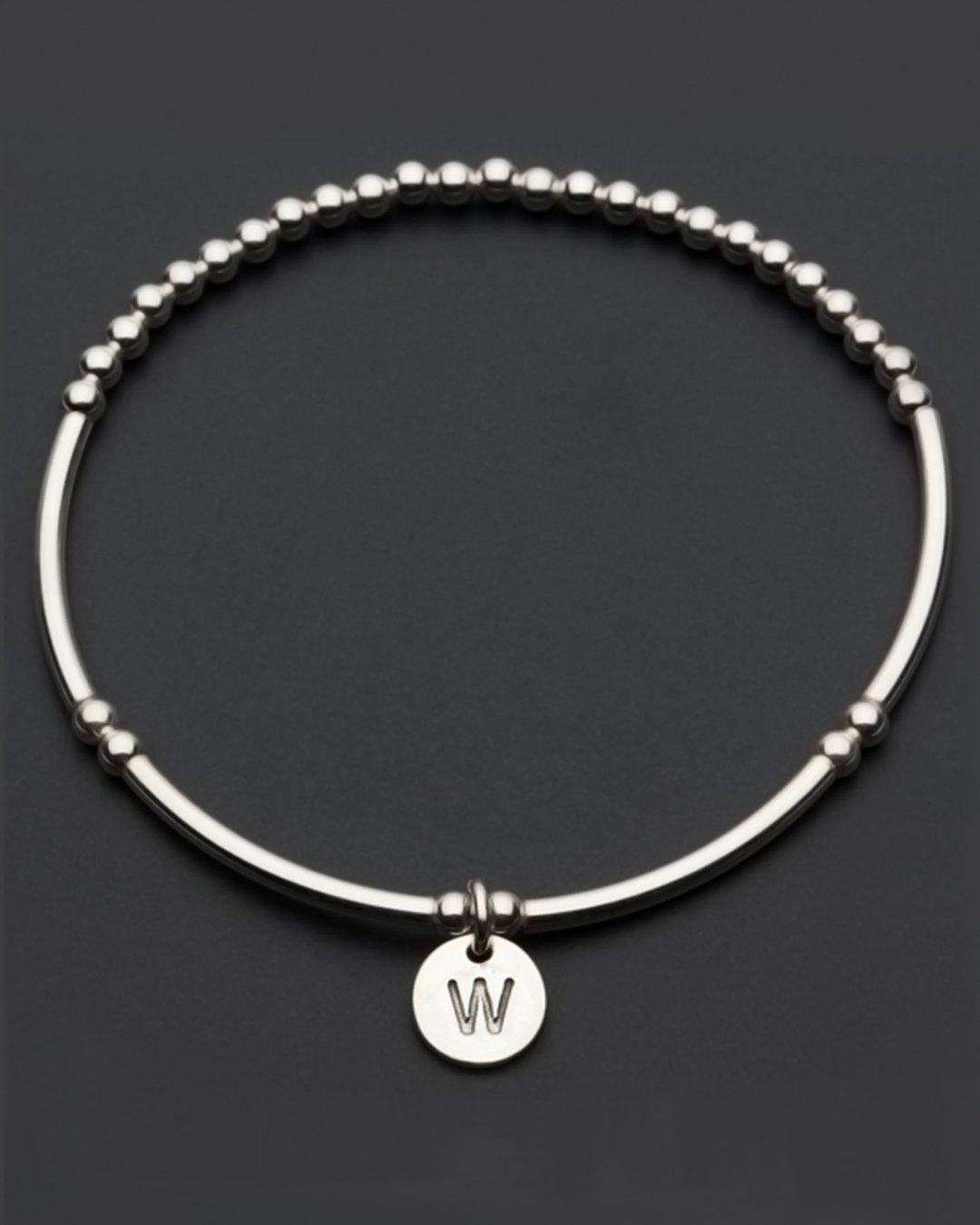 Sterling silver bead stretch bracelet with letter W charm detail by Petals Australia
