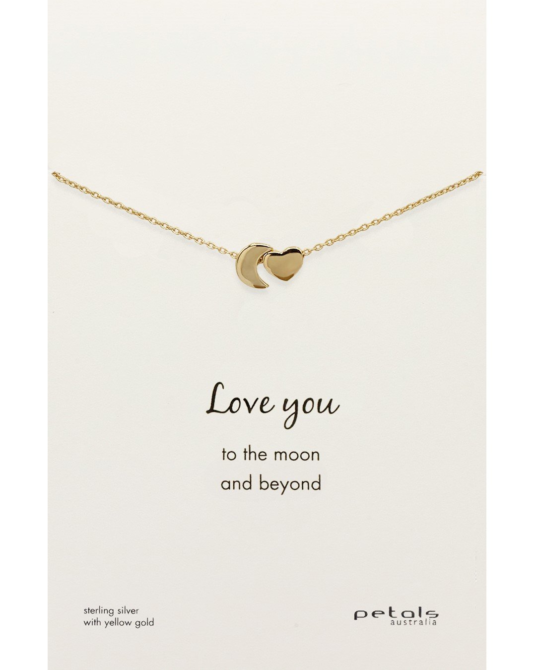 Sterling silver gold plated chain detail with moon and heart pendant by Petals Australia