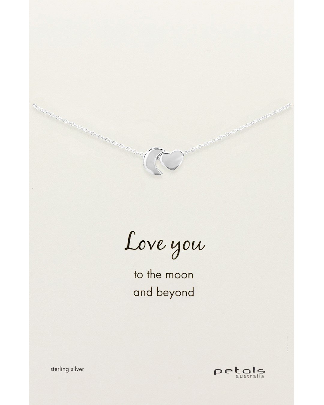 Moon and heart pendant necklace in silver symbolising love by Petals Australia