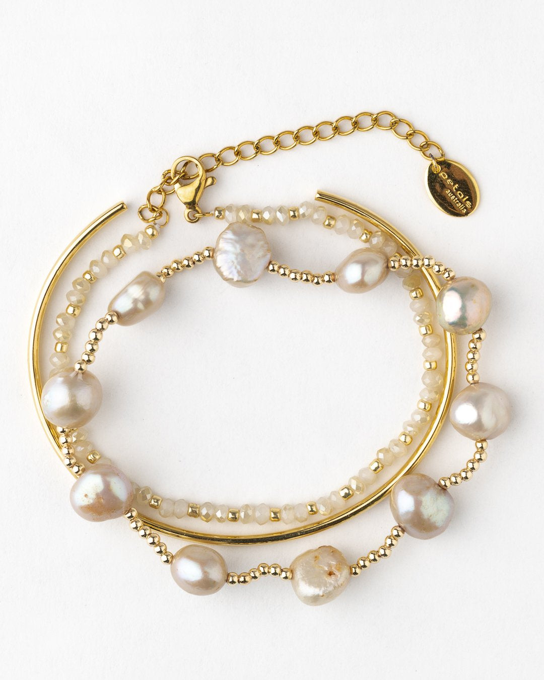 Layered gold bracelet stack with pearls and glass bead bracelet by Petals Australia
