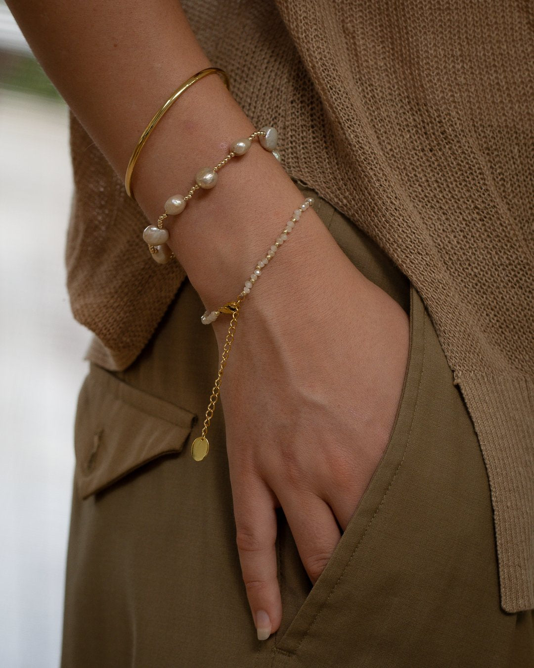 Layered 14k gold plated bracelet stack with cuff, pearl and bead bracelet by Petals Australia
